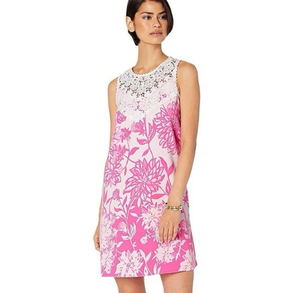 NWT Lilly Pulitzer Caliente Pink White Floral Nala Lace Trimmed Shift Dress 12 - Picture 1 of 9